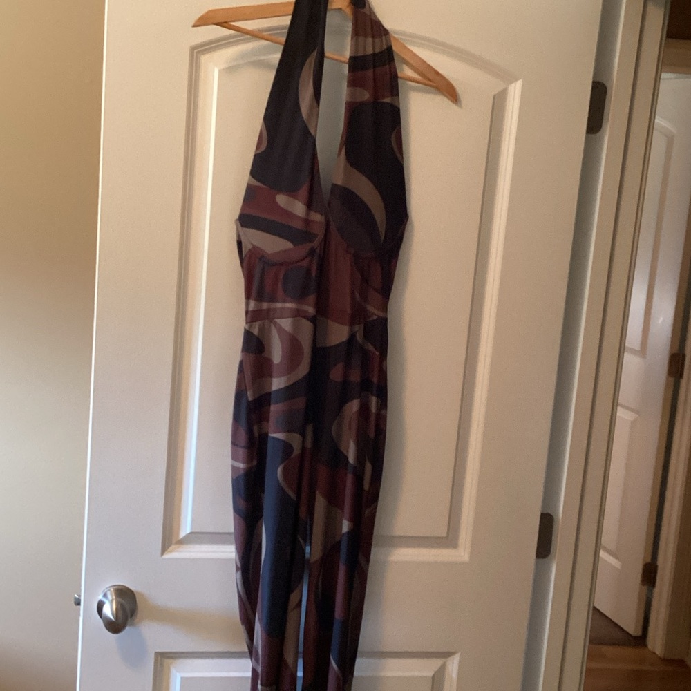 Nasty Gal Halter Jumpsuit in Brown, Black and Taupe Swirl Print Size 8
